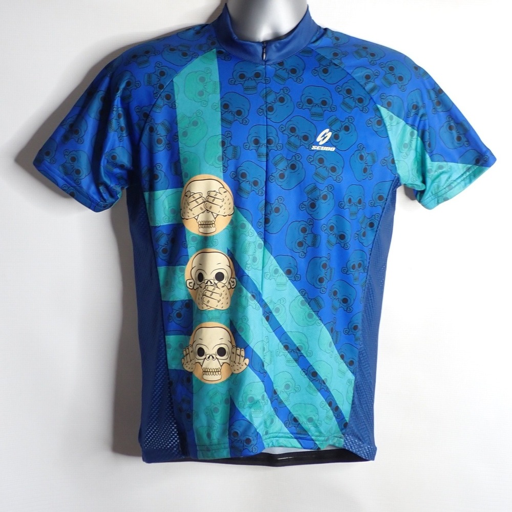 Scudo Men's Monkey Head Cycling Jersey Blue Teal Skull Graphic Size M 1/2 zip